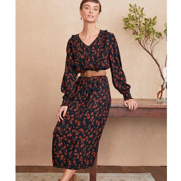Garnet Hill Dresses & Skirts - Garnet Hill Ruffle Crepe Noir Floral Long Sleeve Midi Dress